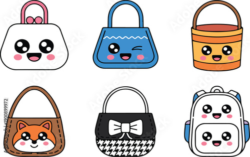 Cute Cartoon Handbags and Backpacks with Fun Faces – Kids Vector Illustration