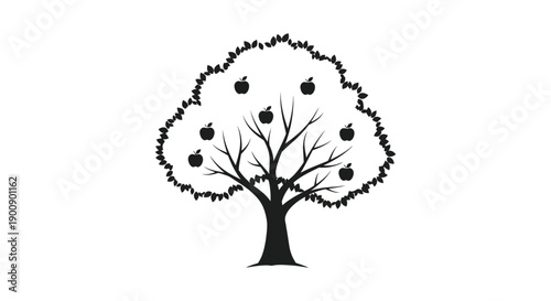 A simple black and white illustration depicts an apple tree with several apples hanging amongst dense foliage