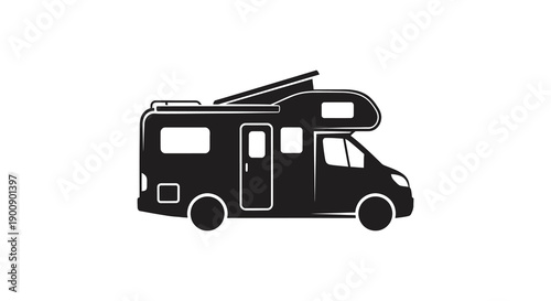 A stark black silhouette depicts a recreational vehicle or rv simplified for graphic representation high quality professional detailed