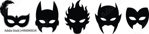 Collection of five distinct black silhouette face masks including feathered carnival and superhero styles isolated on transparent background