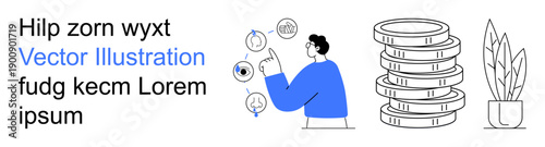 Business innovation, financial planning, digital solutions, sustainable growth, online services, resource management. Person interacting with informative digital icons. Business innovation