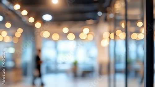Blurred interior of a modern business office or store with warm bokeh lights creating an atmospheric background and indistinct figures of people