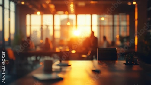 Wallpaper Mural Warm sunset light illuminates a contemporary open office with blurred figures of business people working at desks Torontodigital.ca