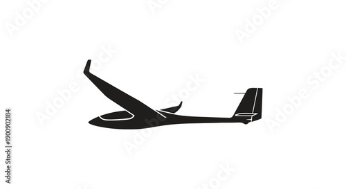 A stark silhouette depicts a glider aircraft in flight against a plain white background showcasing its aerodynamic form
