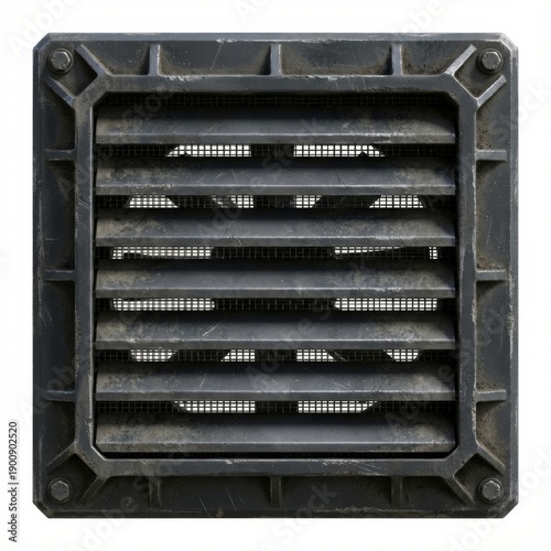 Heavily worn, dirty industrial metal vent cover with horizontal louvers, mesh screen, and bolts, isolated on a white background. Ideal for sci-fi or grunge themes.