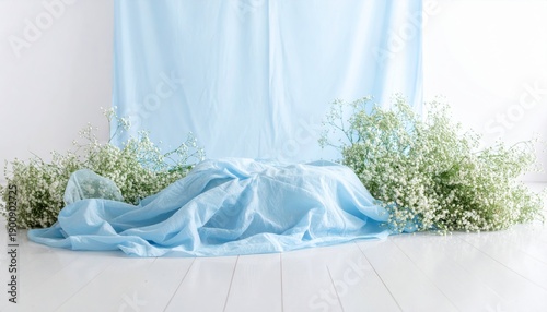 Baby Blue Fabric Drape with Gypsophila Flowers for Product Showcase in Studio