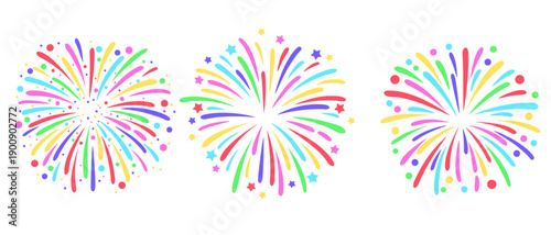Bright multicolor fireworks bursts on transparent background, playful vector set for celebration designs, party invitations, holiday banners, festive posters, and colorful event graphics.