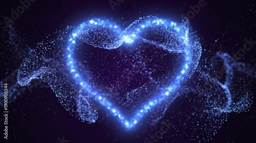 A stunning video of a glowing purple heart made of tiny particles on a dark background