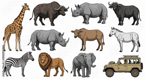 Line Art Collection of Wild African Safari Animals
