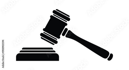 A stark black and white illustration depicts a judge s gavel resting on a sound block symbolizing law and order