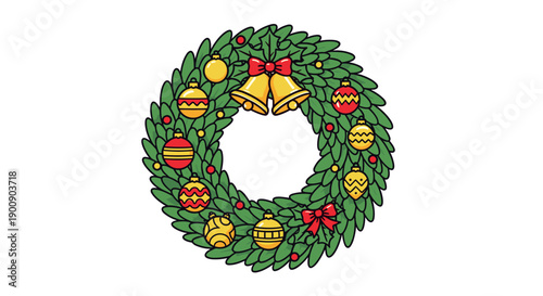 Festive Christmas Wreath with Red Ornaments and Gold Bells