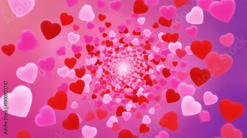 A colorful video animation of floating hearts in pink and purple hues