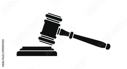 A stark black silhouette depicts a traditional gavel resting upon a sound block symbolizing justice and legal proceedings
