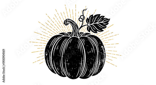Black silhouette pumpkin with a leaf and stem, featuring golden sunburst rays in a vintage woodcut style.