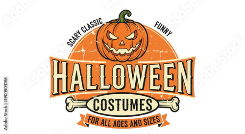 Retro Halloween costumes logo with a spooky pumpkin and text "Halloween Costumes for All Ages and Sizes".