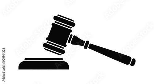 A stark black silhouette depicts a traditional gavel resting on a sound block symbolizing legal justice high quality