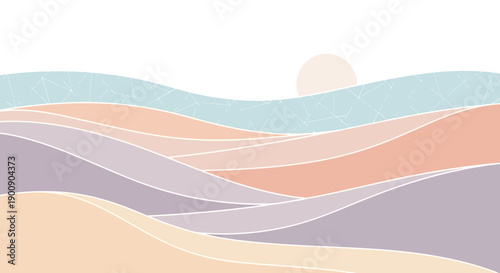 Abstract minimalist landscape with rolling hills and a setting sun in pastel colors.