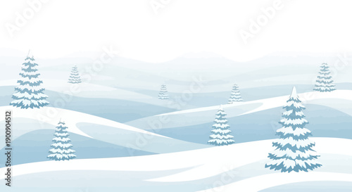 A serene winter landscape with snow-covered pine trees on rolling hills under a bright, overcast sky.