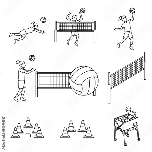 Detailed Volleyball Training Drills and Exercise Line Art Collection