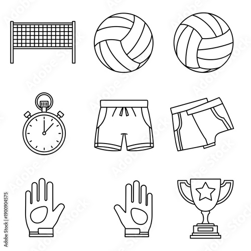 Volleyball Gear and Awards Icon Set in Line Art Style