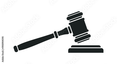 A stark black and white illustration depicts a gavel and sounding block symbolizing legal authority and judicial proceedings high quality