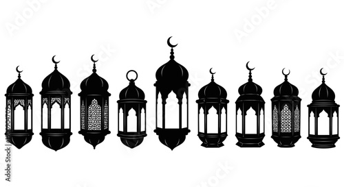 A collection of Islamic lanterns in silhouette, featuring intricate designs and crescent moon toppers.