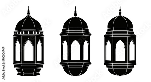 Three ornate black Islamic lanterns with arched windows and decorative tops, isolated on a white background.
