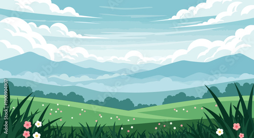 A serene landscape painting of rolling green hills with distant blue mountains under a cloudy sky.