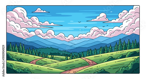 A vibrant, stylized illustration of rolling green hills with winding dirt paths leading towards distant blue mountains under a sky filled with fluffy pink and white clouds.