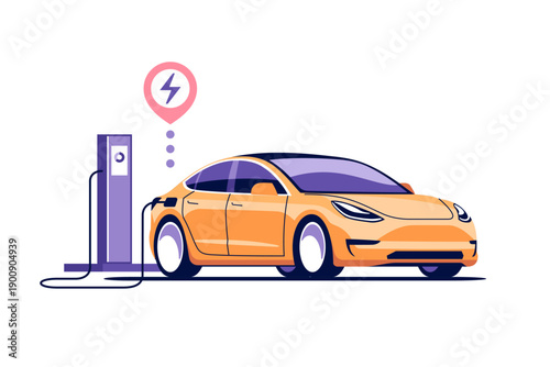 Electric car charging battery at electric gas station. Green technology. Alternative eco fuel. Vehicle recharge. Electrical charger. Vector illustration.
