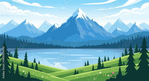 A serene mountain landscape with a clear blue lake reflecting the snow-capped peaks and surrounding evergreen forests under a bright, cloudy sky.