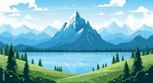A majestic snow-capped mountain rises behind a serene lake, surrounded by lush green hills and pine trees under a bright blue sky with fluffy clouds.