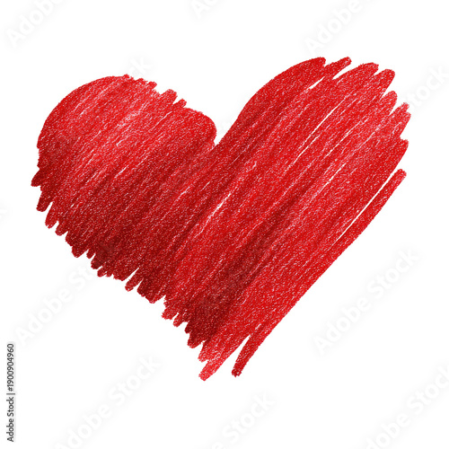 A simple, hand-drawn red heart, textured with pencil strokes, set against a black background
