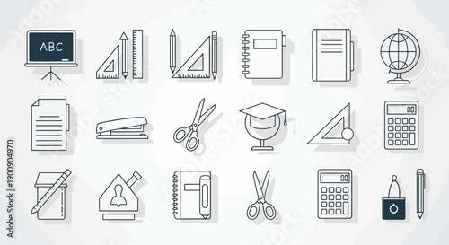 A collection of flat design icons representing various school and office supplies, including a globe, calculator, scissors, and notebooks.