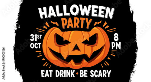 Spooky Halloween Party Invitation with a Jack-o'-lantern, Date, and Time.
