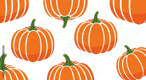 A vibrant pattern of cartoon orange pumpkins with green stems scattered on a clean white background, perfect for autumn and Halloween designs.