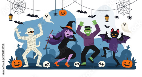 Four costumed characters dancing at a Halloween party in a spooky graveyard with pumpkins, ghosts, and spiderwebs.