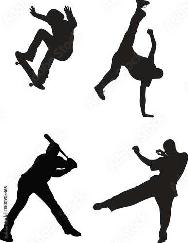 Black vector illustration featuring jumping people silhouettes and a silhouette of a man athlete in sports action including running, soccer, and karate for fitness exercise