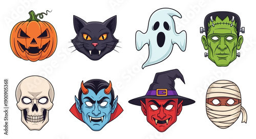 A collection of eight cartoon Halloween character heads including a pumpkin, black cat, ghost, Frankenstein, skull, vampire, witch, and mummy.