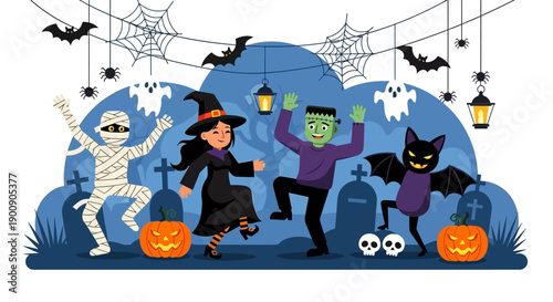 A group of cartoon characters dressed in Halloween costumes dancing in a spooky graveyard scene with pumpkins, bats, and ghosts.