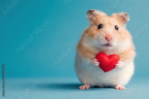 Cute Hamster Holding Red Heart on Blue Background