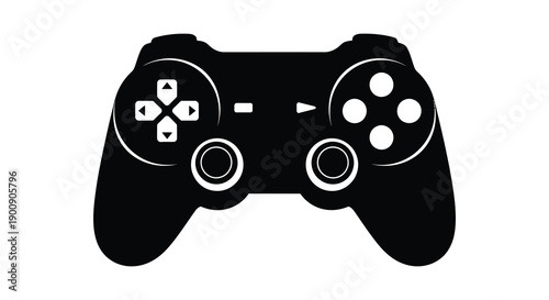 A stark black and white illustration depicts a modern video game controller showcasing its ergonomic design and button layout
