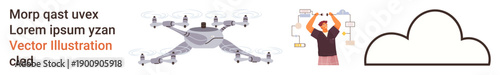 quadcopter innovation, cloud computing, data flow systems, network integration, digital interaction, modern connectivity. A Quadcopter, a person engaging with visuals and a cloud icon. Drone