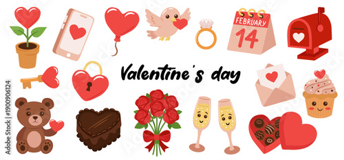 Valentine's day set of colorful design elements - bouquet of roses, teddy bear, mailbox, champagne, ring. Vector illustration in cartoon style on a white background.