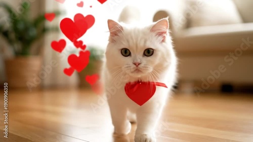 A cute white kitten walks towards the camera with hearts floating around it in a cozy living room during a video.