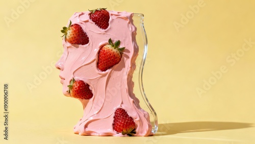 Strawberries and pink cream form a face shape on a yellow background