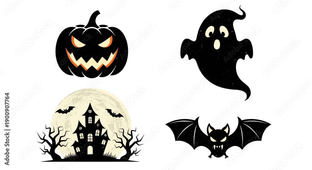 Obraz premium A collection of spooky Halloween icons including a jack-o'-lantern, a ghost, a haunted house, and a bat.
