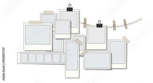 A collage of empty instant photo frames arranged in a scattered, overlapping composition with clips and string.