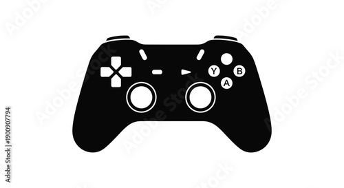 A stark black and white silhouette depicts a modern video game controller showcasing its button layout and ergonomic design