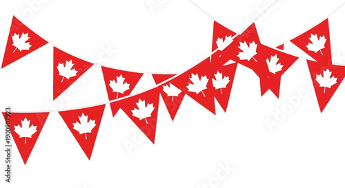 A string of red triangular bunting flags, each featuring a white maple leaf, strung across a white background.